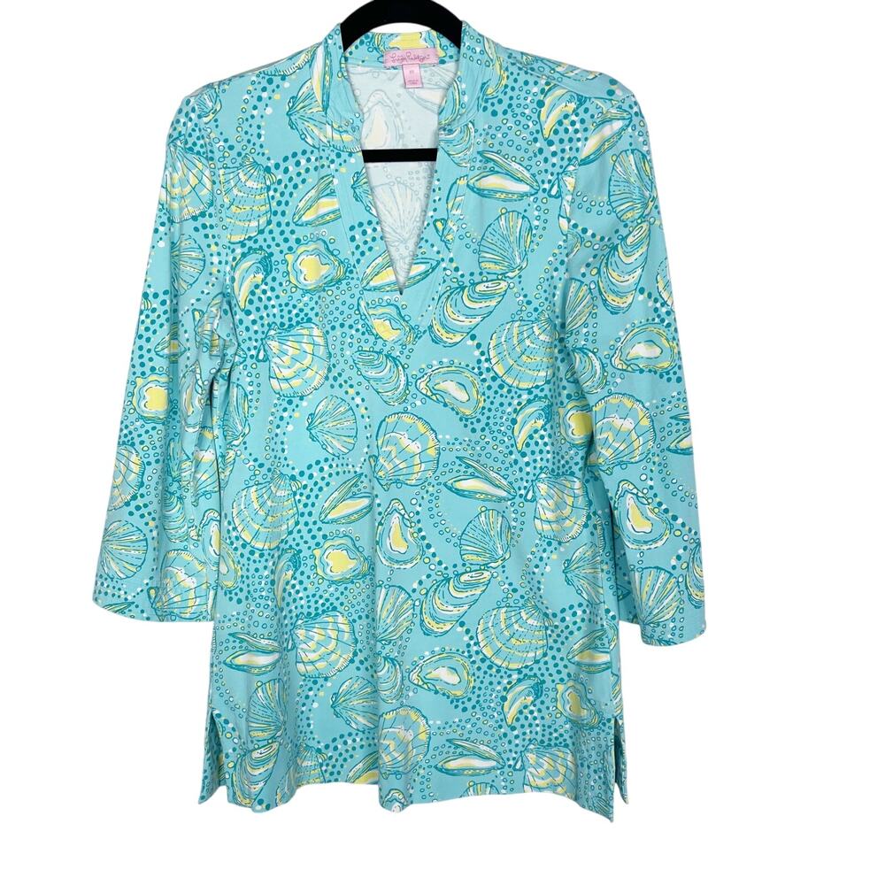 Lilly Pulitzer XSmall Blue Joy Knit Tunic Oyster Mussel Print 3/4 Sleeve Tee Top